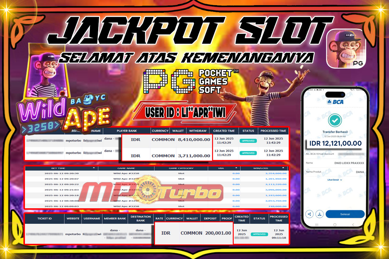MPOTURBO JACKPOT SLOT WILD APE 3258 - PG SOFT Rp 12,121,000.00,- LUNAS
